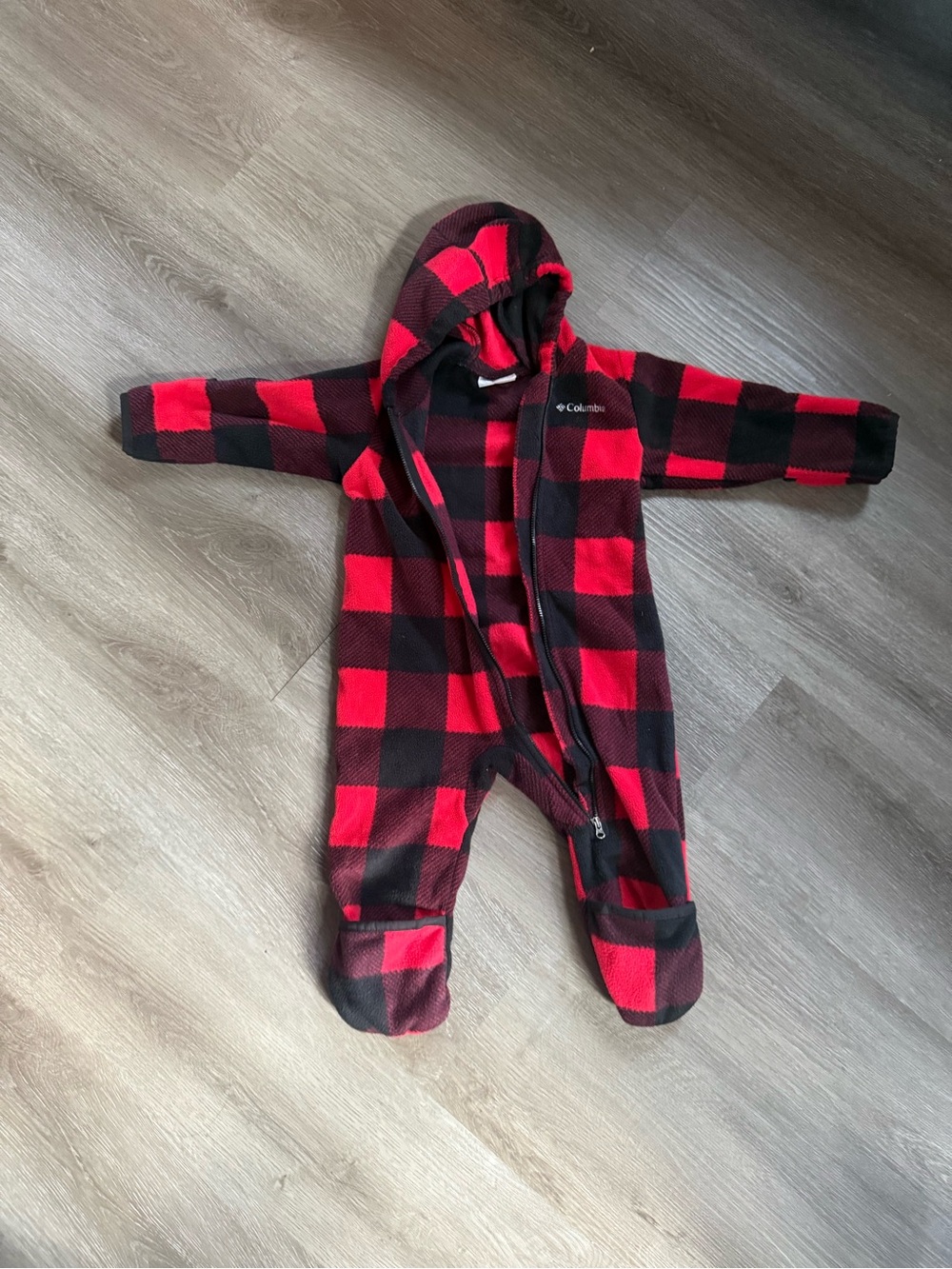 Columbia Red and Black Buffalo Plaid Fleece Kids Footie with Hood